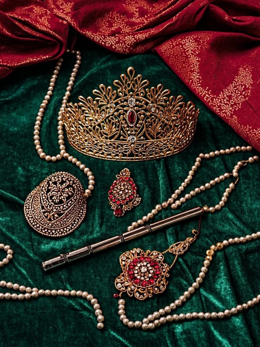 Flat lay of shringar accessories with a golden mukut crown, pearl malas and a bansuri flute