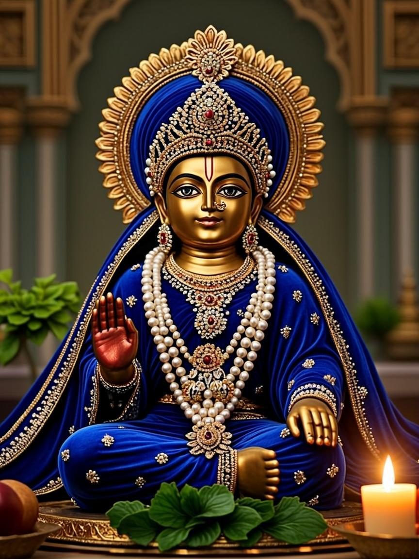 Laddu Gopal idol in a royal blue velvet poshak seated on a decorated altar