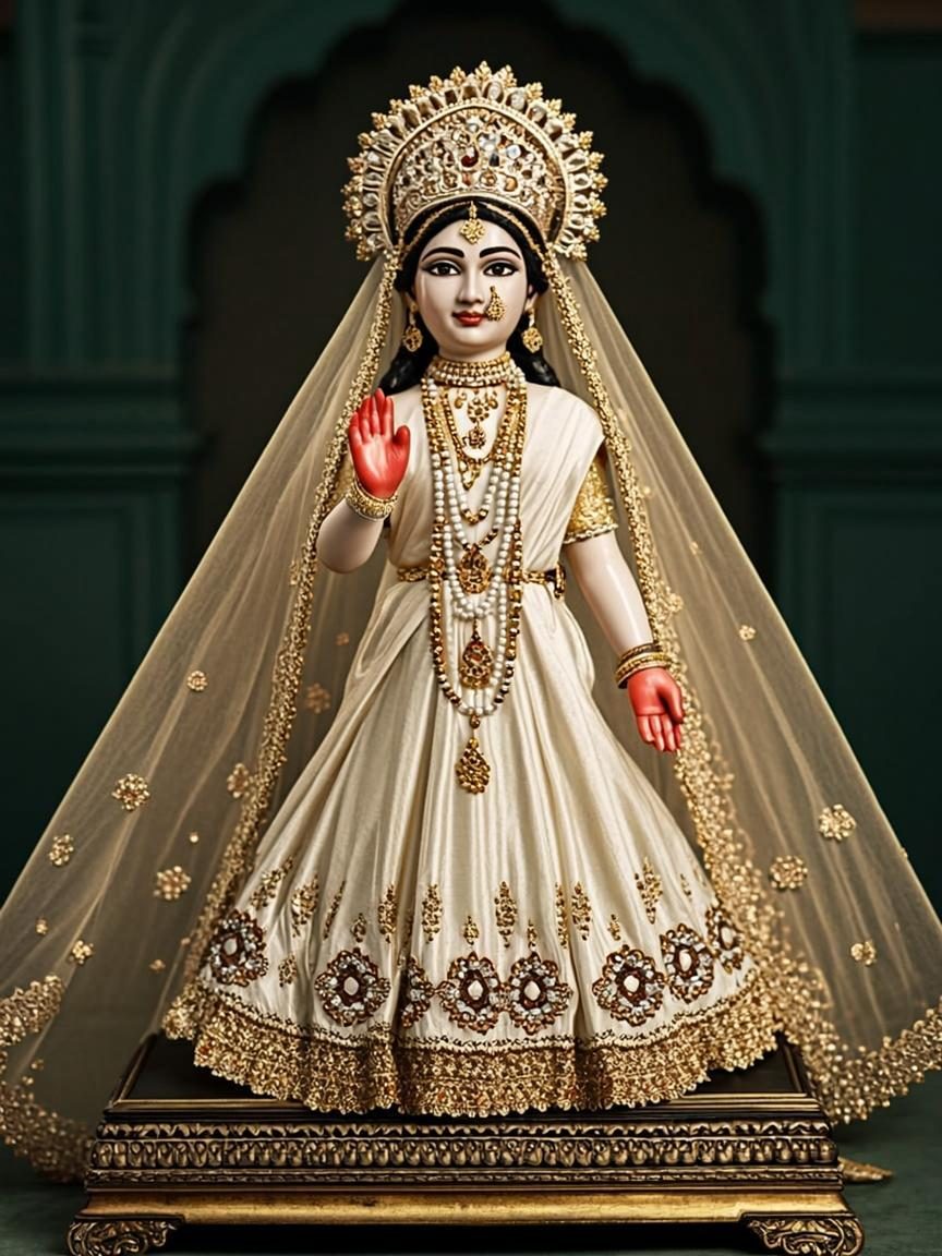 White and gold Radha Rani lehenga poshak with a sheer golden veil