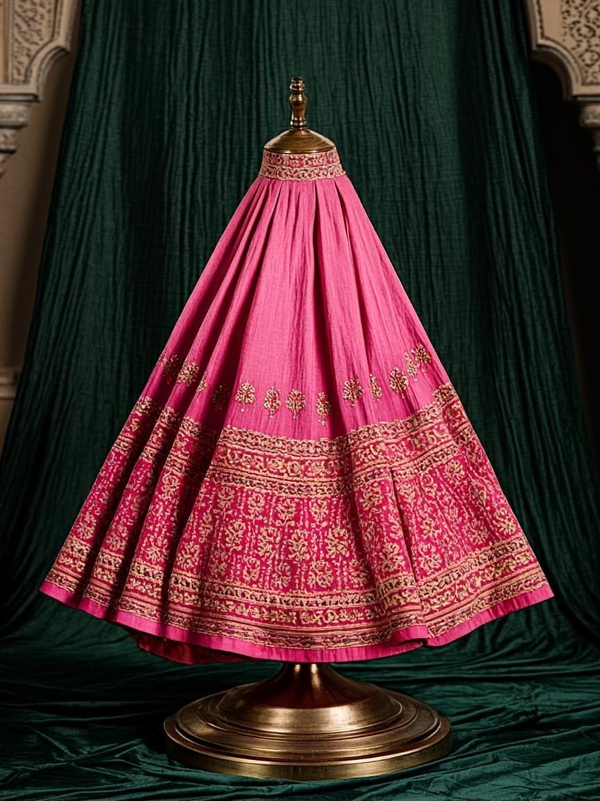 Cone poshak in pink and gold embroidery displayed on a brass stand