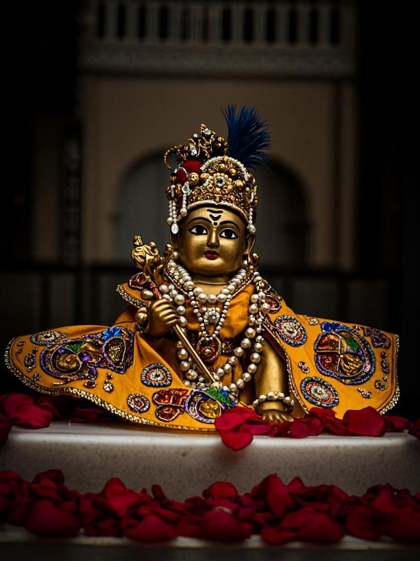 Laddu Gopal idol dressed in a classic yellow silk poshak with golden gota patti work