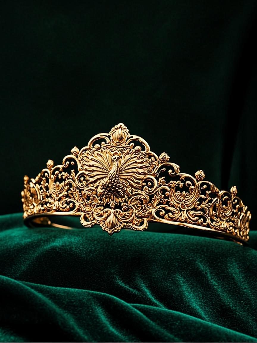 Golden mukut crown with a peacock motif on dark green velvet