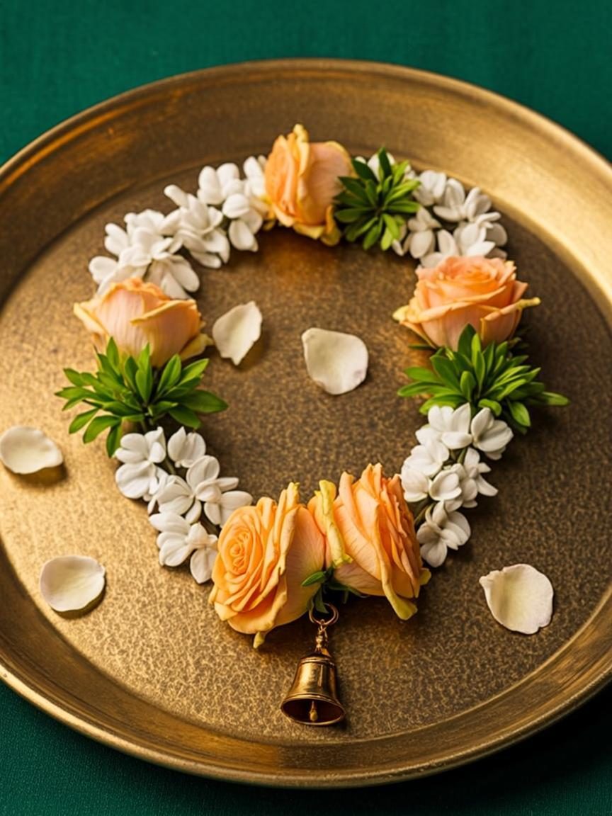 Fresh tulsi and rose mala garlands coiled on an antique brass plate