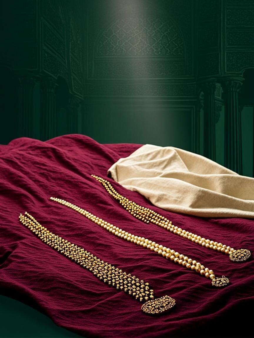 Golden bansuri flute with pearl beads arranged on maroon silk