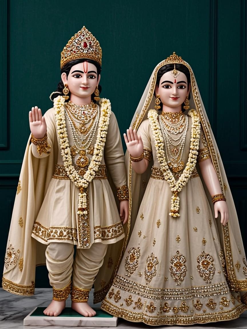 Ivory and gold Radha-Krishna couple poshak set displayed on marble