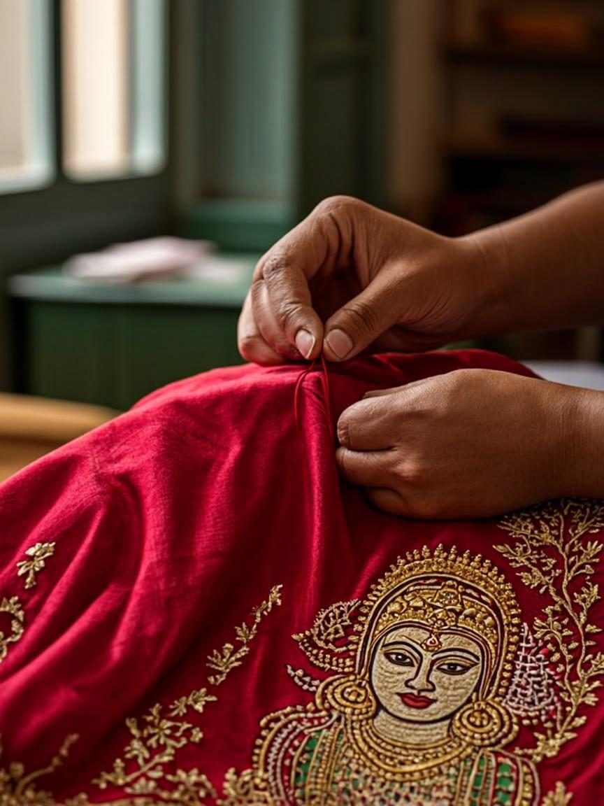 Artisan hands stitching golden zari embroidery onto red silk poshak fabric